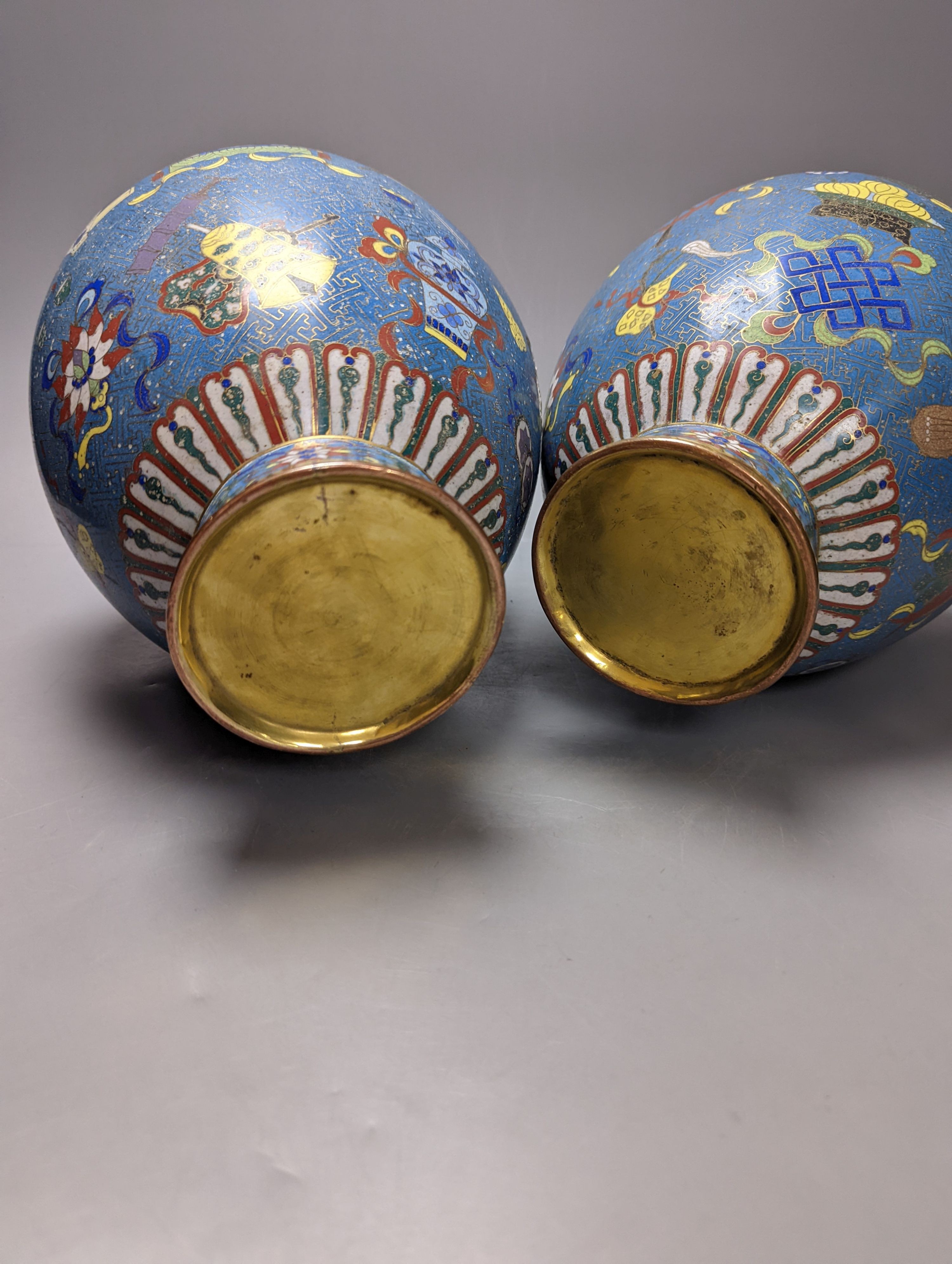 A pair of late 19th/early 20th century Chinese cloisonné enamel ‘Buddhist emblems’ vases 36cm
